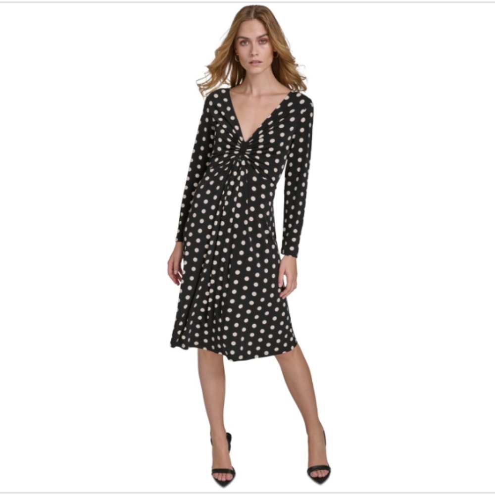 Halston Women's Polka Dot Ruched Dress - Black Vanilla - Size L